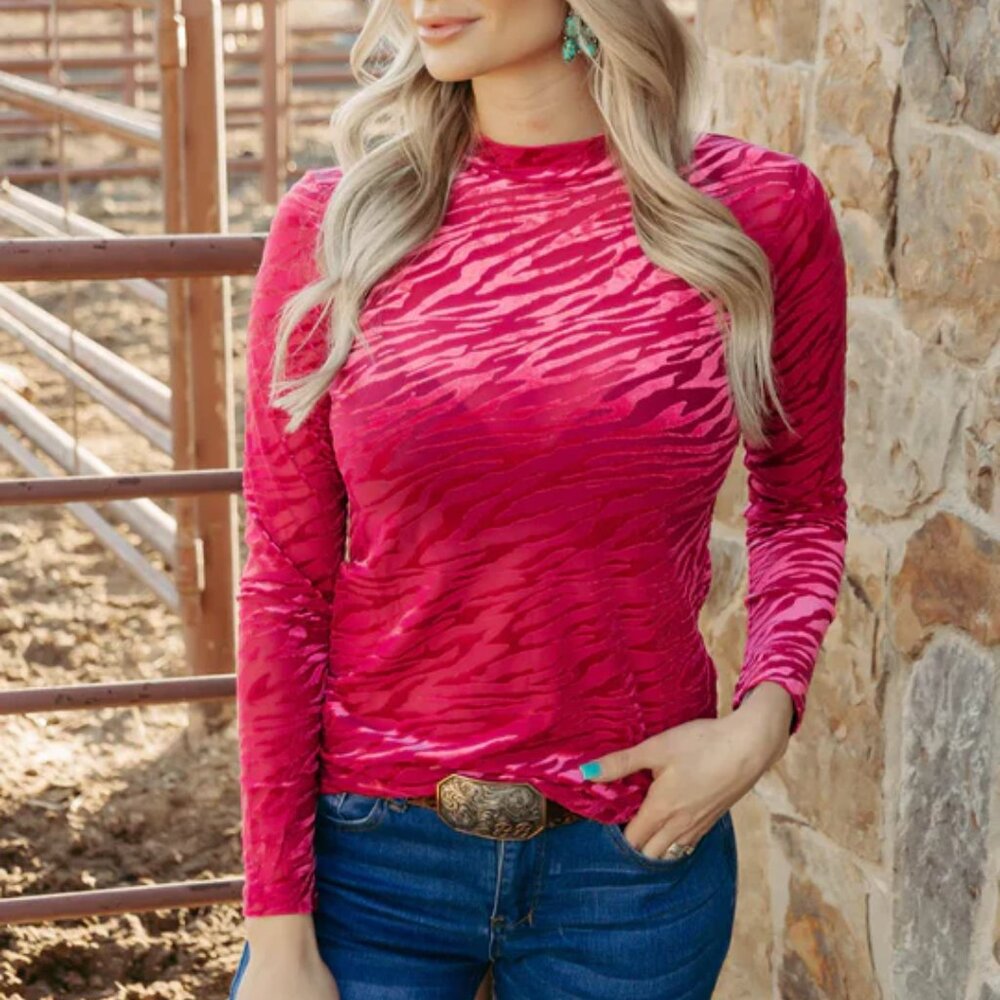 Hot Pink Velvet & Mesh Long Sleeve Top